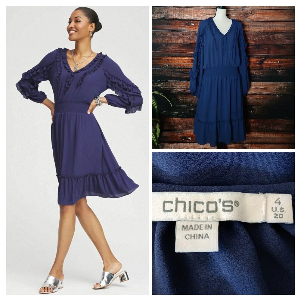 Chicos Dress Plus Size 4 US 20 Navy Blue Ruffle Smocked Waist Lined Pockets